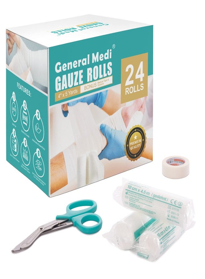 General Medi Conforming Bandage, 4” x 5 Yards Stretched, 24-Pack Gauze Bandage Rolls with Bonus Tape + Scissors, First Aid Supplies, Non-Sterile - Image 1